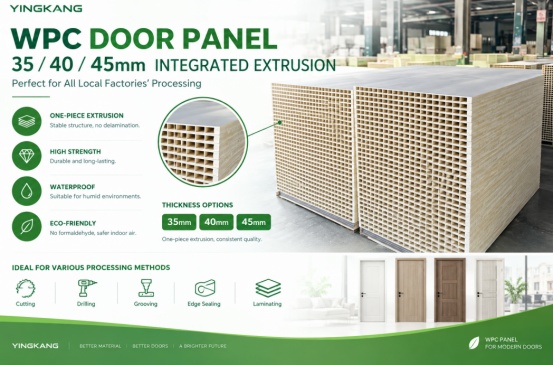 Extruded hollow WPC door panels stacked in factory