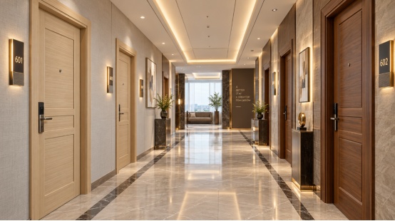 Hotel hallway with contrasting light and dark wood doors