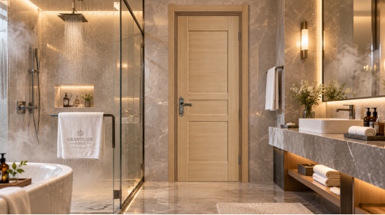 Steamy hotel bathroom with a central light wood door