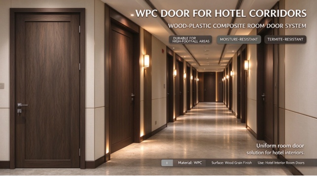 Wood-grain WPC room doors along a hotel corridor