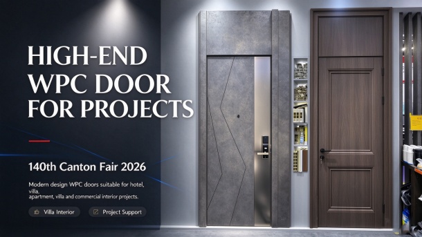 Gray modern and dark woodgrain WPC door styles shown at the Canton Fair