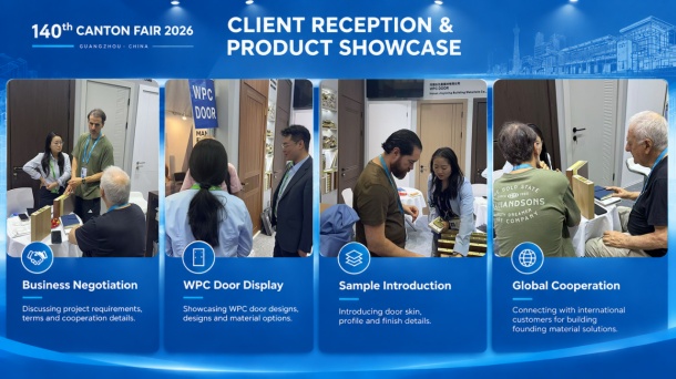 Yingkang staff discussing WPC door and profile samples with visitors at the Canton Fair