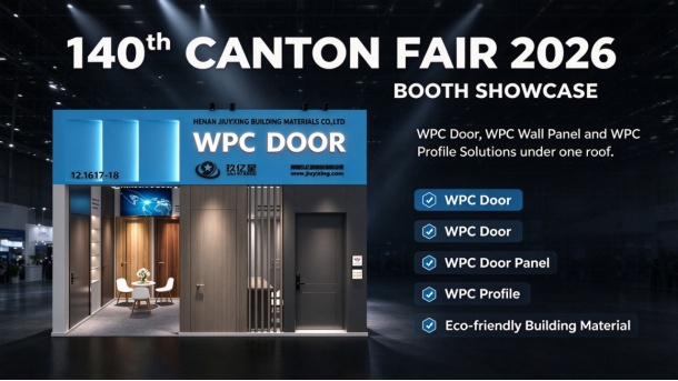 Jiuyixing booth displaying WPC doors and wall panels at the 140th Canton Fair